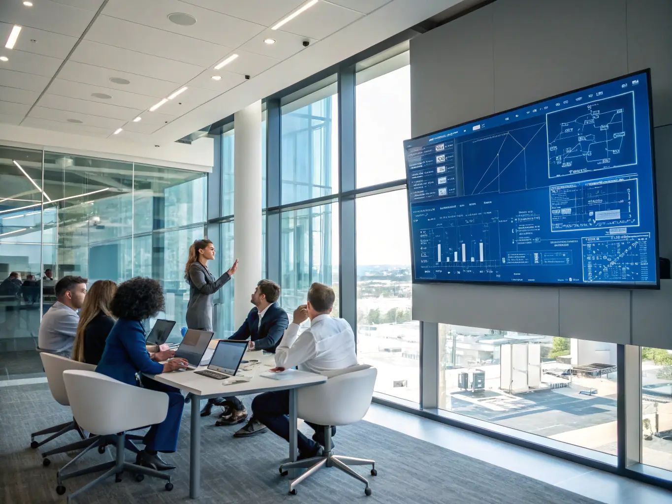 A vibrant, modern office space with employees collaborating on a digital marketing strategy, showcasing a positive and innovative work environment at ERX DIGITAL.